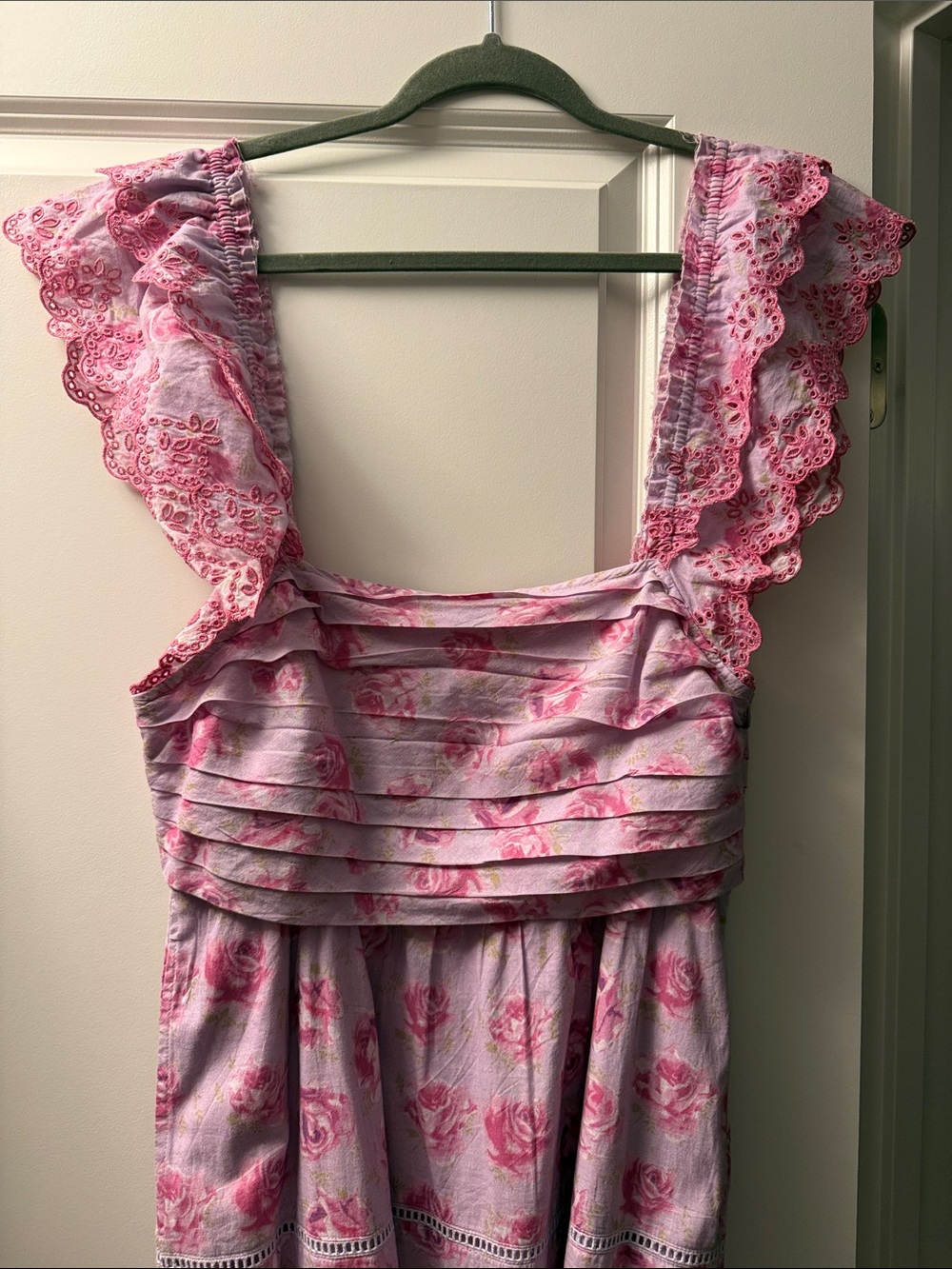 LoveShackFancy Pink Floral Ruffle-Shoulder Midi Dress - Picture 7 of 8